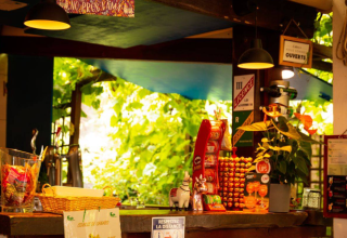 Knus ontvangst- of bargedeelte bij Camping Les Drouilhedes met snacks, planten en groen uitzicht buiten.