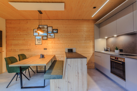 Moderne keuken en eetgedeelte met houten wanden in Wirthshof Resort Comfort chalet aan de Bodensee, glamping.