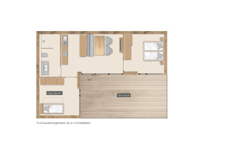 Grundriss vom Wirthshof Resort Comfort Chalet am Bodensee mit zwei Schlafzimmern, Küche und Terrasse.
