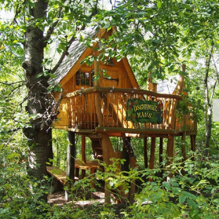 Alojamiento glamping en casa de árbol en Familiepark Sottrum, Boomhutten Nedersaksen, rodeado de bosque.
