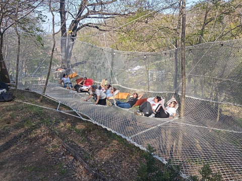 Un gruppo di persone si rilassa su una grande rete sospesa tra gli alberi presso Glampingtent Italië.