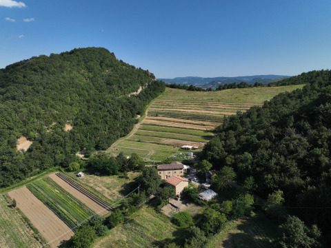 Luftaufnahme von Azienda Agricola Il Granello Glamping und Feldern in hügeliger, grüner Landschaft Italiens.