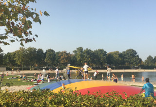 Familias disfrutando de actividades al aire libre junto al lago en Recreatiepark TerSpegelt Glamping Noord-Brabant.