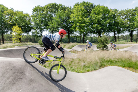 Kinder fahren auf einem Pumptrack bei Recreatiepark TerSpegelt - LoungeLodge Glamping in Noord-Brabant.