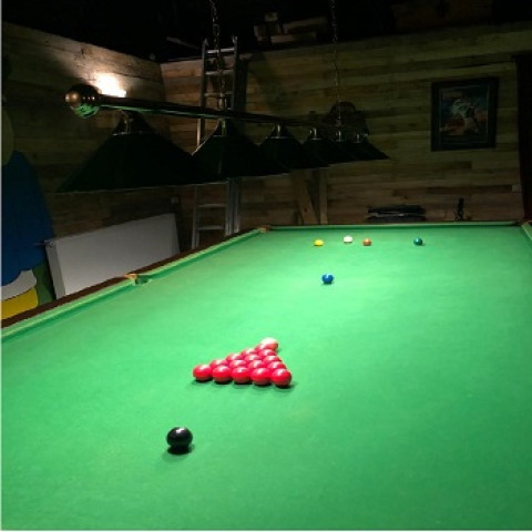 Tavolo da snooker in una stanza di legno con lampade verdi al Glamping Heemskerkerduin, Olanda Settentrionale.