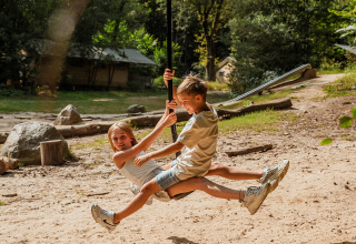 Dos niños juegan en una tirolina en Buitenplaats Beekhuizen - Glamping Veluwe, rodeados de naturaleza.