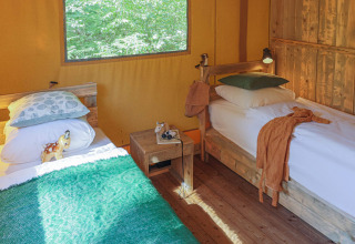 Knusse glampingkamer met twee eenpersoonsbedden bij Buitenplaats Beekhuizen - Glamping Veluwe, boszicht.