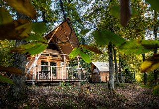 Dos cabañas de madera en Huttopia Wattwiller - Glamping Grand Est, dentro de un frondoso bosque natural.