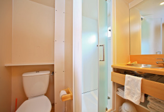 Salle de bain moderne du Domaine de Sévenier & Spa avec douche, WC et lavabo dans un chalet confortable.