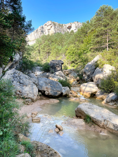 Felsen, Fluss und bewaldete Berge bei Huttopia Barcelona Pirineos - Glamping Catalonië unter blauem Himmel.