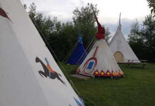 Glamping-accommodatie bij De Bokkesprong in Nederland met kleurrijke tipi’s op een grasveld.