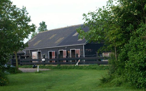 Glamping accommodatie De Bokkesprong in Nederland, zwarte schuur omgeven door bomen en grasveld