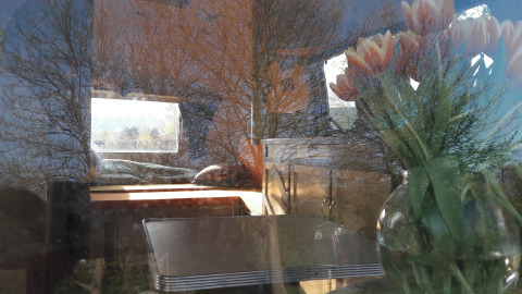 Innenansicht eines Glampingaufenthalts im Airstream Hotel - Vintage Caravan Thüringen mit Spiegelung von Bäumen.