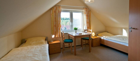 Chambre lumineuse avec deux lits simples, mobilier en bois et vue par la fenêtre à Havelberge.