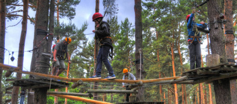 Huéspedes equipados en un circuito de cuerdas entre árboles en Vakantiepark Havelberge camping.