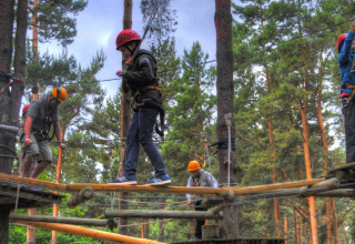 Bezoekers met veiligheidstuigjes bewandelen een touwenparcours bij Vakantiepark Havelberge.