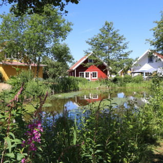 Bunte Holzcottages und üppige Pflanzen an einem Teich im Südsee-Camp Glamping in Niedersachsen.