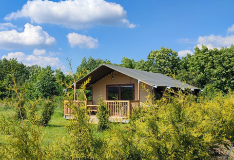 Glamping accommodatie Stadslandgoed De Heicohoeve - Glamping Lodges Gelderland, omgeven door groene natuur.