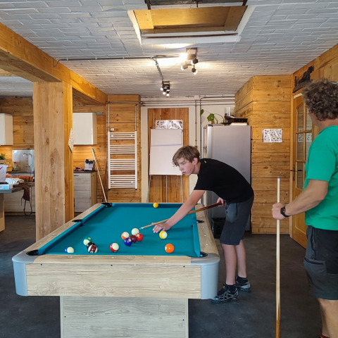 To personer spiller pool i et hyggeligt, træindrettet rum på Stadslandgoed De Heicohoeve - Glamping Lodges Gelderland.