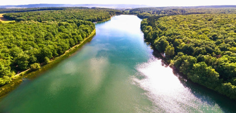 Luftaufnahme des Sees und Waldes bei Tiny lodge - Ellertshäuser See Glamping-Unterkunft im Grünen.