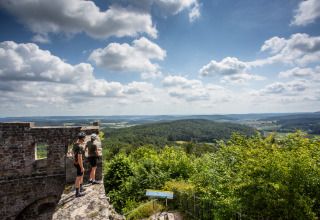 Dos personas disfrutan la vista al bosque desde un muro cerca de Tiny lodge - Ellertshäuser See glamping.