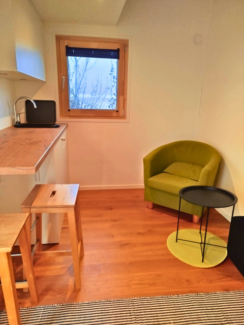 Glamping accommodatie in Tiny lodge - Ellertshäuser See met keukenblok, groene stoel en raam.