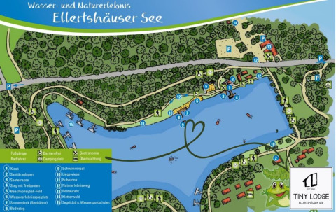 Übersichtskarte vom Ellertshäuser See mit Freizeitangeboten, Tiny Lodge Glamping und Campingmöglichkeiten.