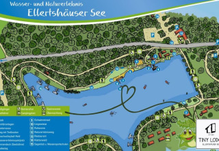 Plattegrond van Ellertshäuser See met faciliteiten, Tiny Lodge glamping, kampeerplekken en recreatie.