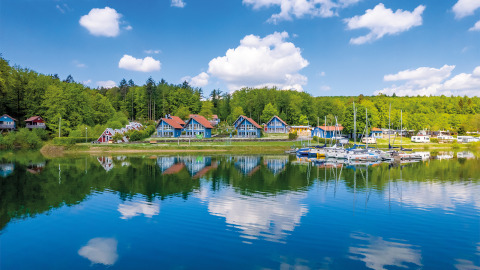 Glamping bij Vakantiepark Sorpesee met boomhutten, haven, en bos in Noordrijn-Westfalen aan het water.