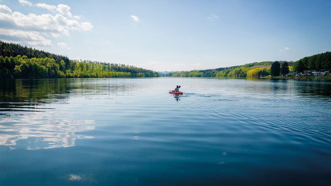Persona in kayak sul lago tranquillo presso Vakantiepark Sorpesee - Boomhutten Noordrijn-Westfalen, tra i boschi.