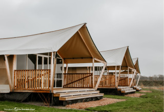 Moderne safaritenten voor glamping bij Strandpark De Zeeuwse Kust in Zeeland, Nederland, bewolkte dag.