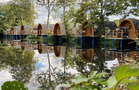 Glamping junto al lago con Campotel Nord-Ostsee Pods en Schleswig-Holstein, rodeado de vegetación natural.