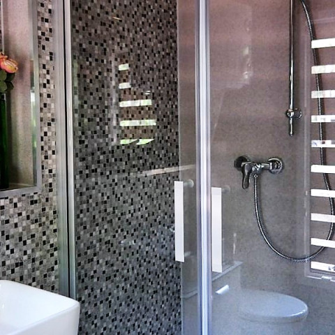 Salle de bain moderne avec carrelage mosaïque, douche vitrée et pommeau à main dans un glamping en Basse-Saxe.