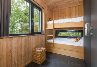 Moderne glamping-indkvartering i træ, med køjesenge, store vinduer og udsigt til naturen i Lütetsburg Lodges.