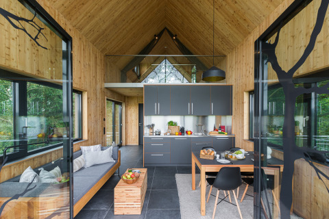 Intérieur d'une cabane glamping moderne aux Lütetsburg Lodges Boomhutten Nedersaksen, ambiance naturelle élégante.