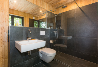 Modern bathroom at Lütetsburg Lodges - Boomhutten Nedersaksen, with wood paneling and black tile shower.