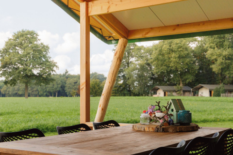 Espace repas extérieur couvert avec table en bois, vue sur prairie et tentes glamping à Landrijk de Reesprong.