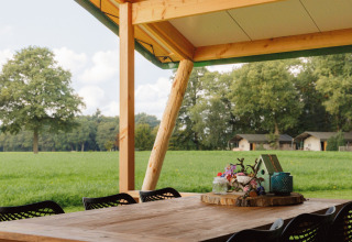 Covered outdoor dining area with wooden table, overlooking green field and glamping tents at Landrijk de Reesprong.