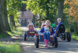 Niños conducen karts por un sendero arbolado en Glamping - Landrijk de Reesprong, rodeados de naturaleza.