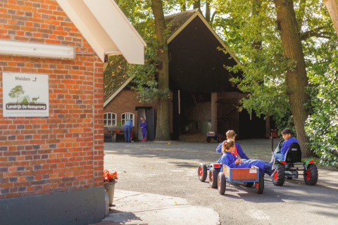 Niños juegan con coches de pedales en Glamping - Landrijk de Reesprong, rodeados de árboles y edificaciones.