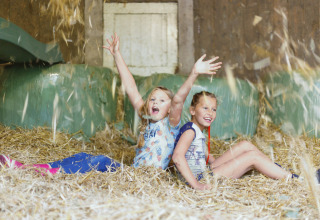 Two kids playing joyfully in straw inside a barn at Glamping - Landrijk de Reesprong, Netherlands.