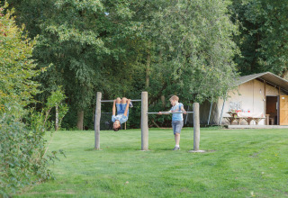 Two children playing on climbing bars in the grassy area at Glamping - Landrijk de Reesprong in the Netherlands.