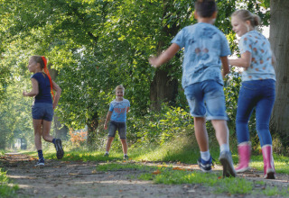 Children playing on a forest path at Glamping - Landrijk de Reesprong, surrounded by lush green trees and nature.