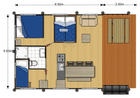 Plano de alojamiento glamping De Betuwse Hofjes - Ranger Lodges Gelderland, con dormitorios y terraza amplia.