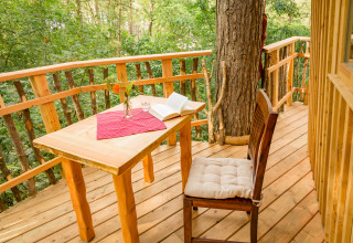 Baumhaus mit Holzmöbeln auf der Terrasse, Tisch mit Buch, Blumen und Glas in grüner Natur.