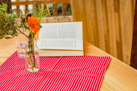 Offenes Buch, Glas Wasser und Vase mit Blumen auf einem Holztisch mit rotem Tuch bei TreeLounge - Boomhut Nedersaksen.