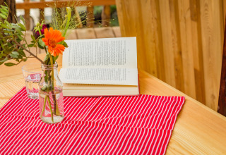 En åben bog, et glas vand og en vase med blomster på et træbord med rødstribet dug ved TreeLounge - Boomhut Nedersaksen.