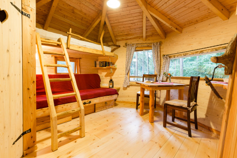 Interior view of TreeLounge Boomhut Nedersaksen, a cozy wooden treehouse with a bed and dining area in the woods.