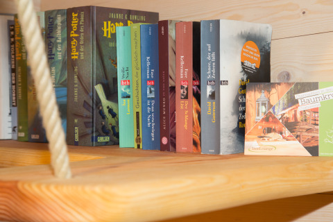 Bücherregal mit Harry-Potter-Romanen, diversen Thrillern und einer Glamping TreeLounge Boomhut Nedersaksen Karte.