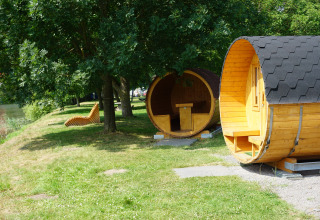 Alloggio glamping sul fiume: botti di legno per dormire sotto gli alberi alle Mosel Islands.